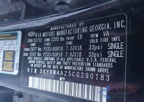 2012 Kia Sorento Sx V6 from USA, damaged, VIN 5XYKW4A25CG290183